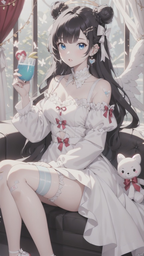  1girl, solo, long hair, looking at viewer, blush, bangs, blue eyes, black hair, hair ornament, long sleeves, dress, bow, ribbon, holding, jewelry, sitting, very long hair, braid, hair bow, heart, earrings, frills, parted lips, food, wings, hairclip, striped, hair bun, star \(symbol\), white dress, cup, double bun, feet out of frame, halo, blue bow, piercing, stuffed toy, frilled dress, stuffed animal, bug, white bow, butterfly, ear piercing, bandaid, holding cup, knees up, lolita fashion, angel wings, heart hair ornament, holding stuffed toy, bandaid on leg, eyesseye