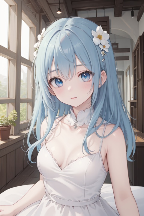  ((best quality)), ((masterpiece)),((ultra-detailed)), (illustration), (detailed light),
(solo),(small_breasts),(white dress),
(beautiful eyes),blue hair, eyesseye