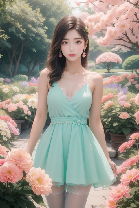  1girl, yuzu, qingsha, medium shot, solo, emotional_face, flower dress, flower armor, looking_at_viewer, green_theme, colorful blooming flowers, forming a dreamlike world, flower_garden, flowers everywhere, greens, pinks, bokeh, cinematic, exposure blend, (teal and orange:0.85), (muted_colors, dim_colors, soothing_tones:1.3), high contrast, low saturation, (Canon RF 85mm f/1.2L),tifa,huolinger,glint sparkle,pantyhose, xinniang,eyesseye