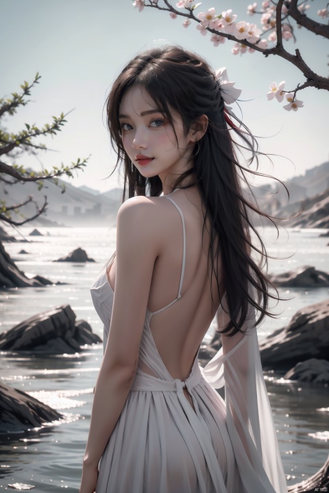  1girl,,This picture depicts a surrealistic image of a woman blending with natural elements. A woman stands in a desolate scene,her back and hair gradually turning into branches and twigs of a tree. A few flowers bloomed on the branch,as if she were a tree growing flowers. She was wearing a flowing white long skirt,with the hem spread out on the ground,interweaving with the lines of the tree roots. This woman's posture is sideways facing backwards,facing the mist in the distance,as if she is gazing or contemplating. The color contrast,light and shadow processing,and theme conception in this picture are all very captivating,creating a feeling of combining fantasy and reality. Overall,images convey an artistic concept that combines natural and human forms,full of symbolic meaning and inner emotional expression.,smile, monkren, liuyifei, Nebula