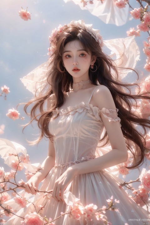  (A girl was bound with white cloth:1.5), silk, cocoon, spider web, Solo, Complex Details, Color Differences, Realistic, (Moderate Breath), Off Shoulder, Eightfold Goddess, Pink Long Hair, White Headwear, Hair Above One Eye, Green Eyes, Earrings, Sharp Eyes, Perfect Fit, Choker, Dim Lights,cocoon,transparent,jiBeauty,1girl, flowers