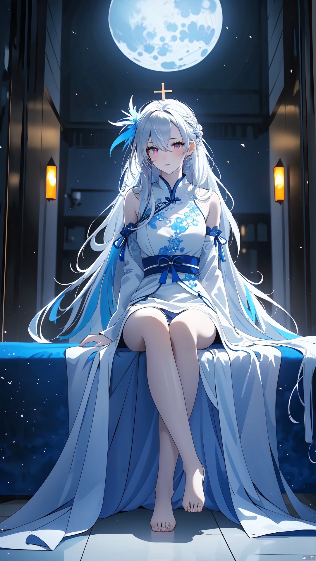  masterpiece, best quality, ((masterpiece)), flat chestbest quality, (highres), solo, flat chest, a girl inside the church with white hair and blue pupil surrounded by (many) glowing (feathers) in cold face, detailed face, night with bright colorful lights whith richly layered clouds and clouded moon in the detailed sky, (a lot of glowing particles),long hair,cool movement, (filigree), delicate and (intricate) hair, ((sliver)) and (broken) body, blue streaked hair, full body, depth of field, sitting on a (blue star), bishoujo,full body,no shoes,foot, Chinese dragons_ink and wash styles_misty clouds_ancient paintings_flames, long yedress and white blindfold