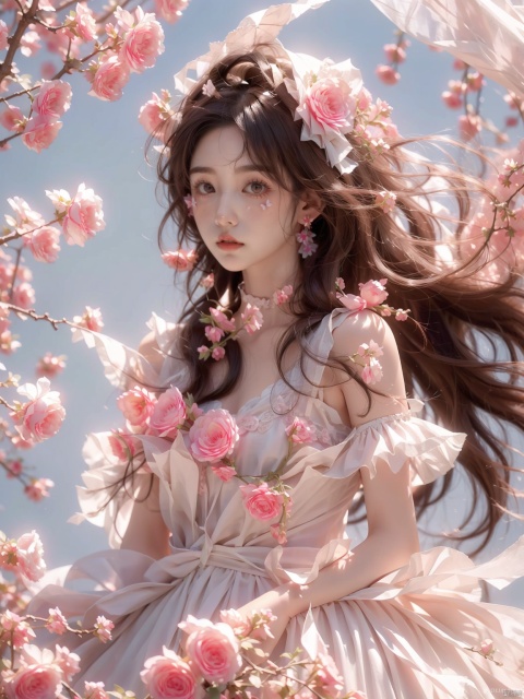  (A girl was bound with white cloth:1.5), silk, cocoon, spider web, Solo, Complex Details, Color Differences, Realistic, (Moderate Breath), Off Shoulder, Eightfold Goddess, Pink Long Hair, White Headwear, Hair Above One Eye, Green Eyes, Earrings, Sharp Eyes, Perfect Fit, Choker, Dim Lights,cocoon,transparent,jiBeauty,1girl, flowers