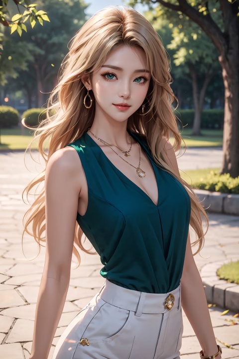  anime, fantasy, magic, fairytale, a photo of a very sexy young blonde woman. she is slightly smiling.she is wearing an elegant summer blouse and a jeweled necklace, seductive green eyes, in a park.she has beautiful long wavy hair, nikon d850, smooth, dynamic lighting