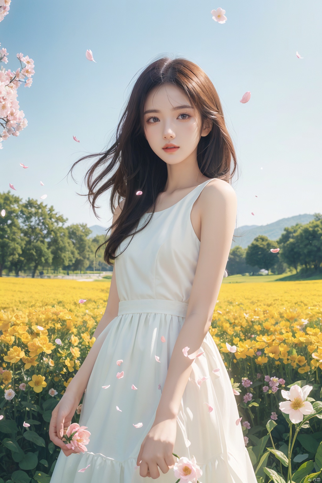  (nature:1.1), flower field, standing, sky, (petals:1.21), (flower:1.1), (masterpiece:1.1), (best quality:1.21), (ray tracing:1.331), (illustration:1.21), outdoors, 1girl, solo, long hair, upper body, white dress, straight-on,1girl, pld