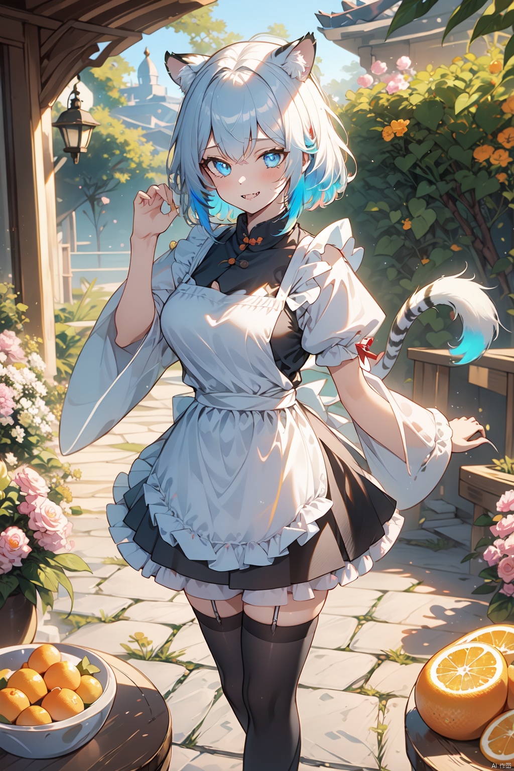  1girl, solo, looking_at_viewer, sad, skirt, thighhighs, long_sleeves, dress, animal_ears, blue_eyes, tail, full_body, long white with silver hair, multicolored_hair, food, fang, wide_sleeves, apron, fox_ear_fluff, bell, fangs, frilled_dress, frilled_sleeves,single_thighhigh, white_apron, frilled_apron, new_year, brown_skirt, brown_dress, claw_pose, tiger_ears, chinese_zodiac, tiger_tail, orange_\(fruit\), tiger, mandarin_orange, 2022, egasumi, tiger_girl, year_of_the_tiger, white_tiger,(masterpiece), (best quality), ((ultra-detailed)), A Pixar 3D showcasing coexisting harmoniously amid lush greenery, (crystal glowin on hand), eyesseye,standing,formal hands, Light-electric style