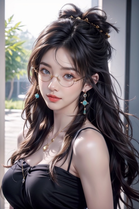  21yo girl, solo, looking at viewer, smile,

Gold-Trim Jewelry, long earrings, bow Hair ornament, Agate Necklace, emerald bracelet,
Diamonds, onyx, enamel,

HDR, Vibrant colors, surreal photography, highly detailed, masterpiece, ultra high res,
high contrast, mysterious, cinematic, fantasy, bright natural light, wangyushan, eyeglasses