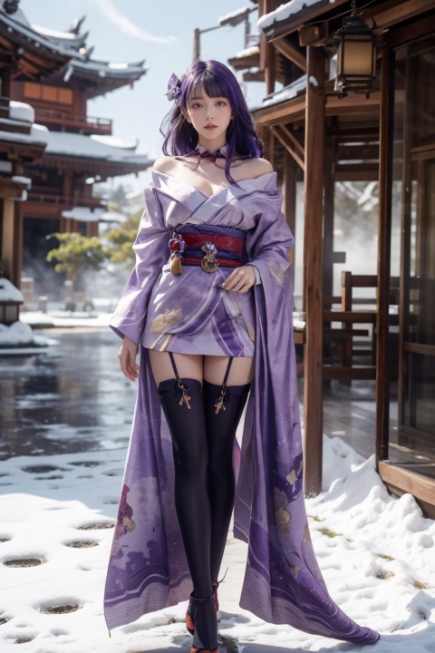  ((masterpiece, best quality, best shadow, official art, correct body proportions, Ultra High Definition Picture master composition)), (((best hands details))),
//////
1girl, raiden shogun, ((purple hair)), long hair, braid, hair ornament, (purple eyes), mole, cleavage, shoulder armor, (kimono), long sleeves, wide sleeves, sash, obi, tassel, tomoe\(symbol\), vision\(genshin impact\), (purple thighhighs), obijime, obiage, thighs,
//////
In winter, snow, eaves, (the breath of mist)
//////raiden shogun,