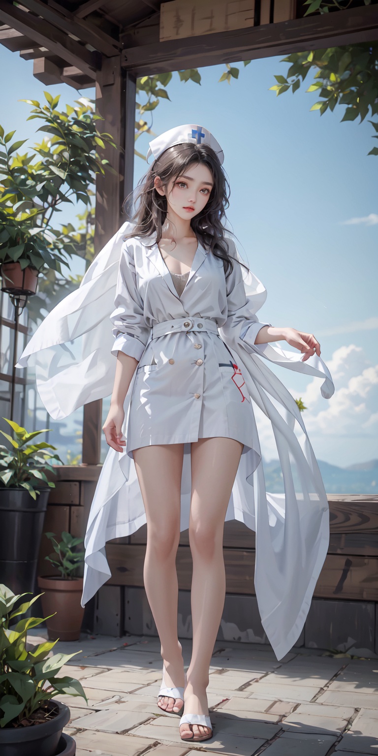  a girl wearing red thin trench coat, with a white scarf, Bare legs, bare feet,naked private parts, disrobe,Holding her body tightly,
Long white hair blows in the wind, The detailed and beautiful face was depressed,
behind is a series of footprints, in this evening,Nebula, Trainee Nurse