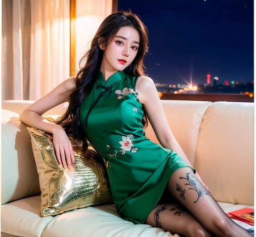  ((Night view, Realistic light, Best Quality, 8K, masutepiece: 1.3)), 1girl in, Beautiful woman with slim figure, Brown hair, Wearing an emerald green cheongsam, embroideries, Sleeveless, Sexy, Split End, Long legs, sofa, Super Detailed Face, Detailed eyes, Double eyelids