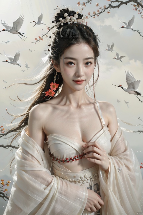  a girl,xianjing,Off-the-shoulder, white sling, bust photo,upper body,Hanfu, Cloud, Smoke,branch,flower, smile,Gaze at the audience, Ink scattering_Chinese style, hand101