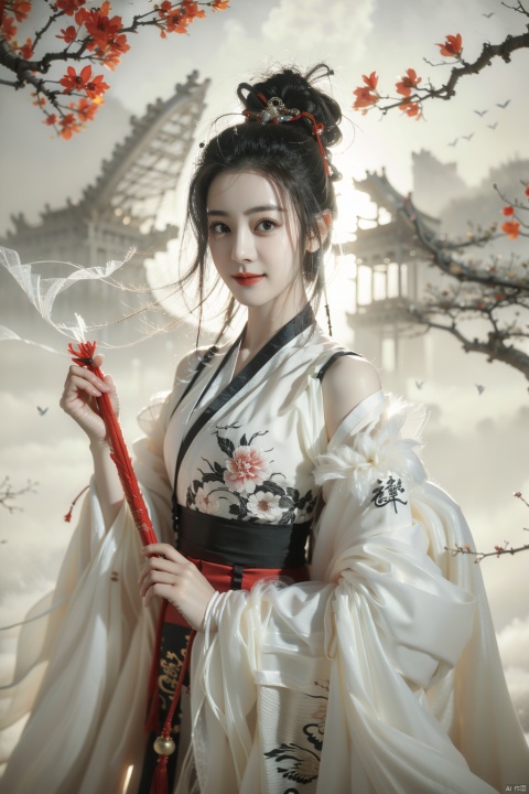  a girl,xianjing,Off-the-shoulder, white sling, bust photo,upper body,Hanfu, Cloud, Smoke,branch,flower, smile,Gaze at the audience, Ink scattering_Chinese style