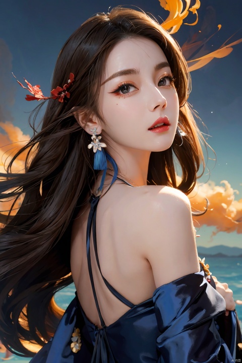  RAW photo,HDR,1girl,chinese young girl,solo,red smoke,blue smoke.big wind,jewelry,earrings,long hair,flowers,dress,looking at viewer,lips,upper body,red dress,black hair,bare shoulders,makeup,floating hairs,nail polish,ray tracing,best quality,masterpiece,(magazine cover:0.5),cinematic_lighting, yae miko