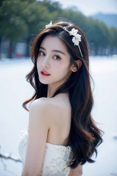  1girl, solo, long hair, looking at viewer, brown hair, black hair, hair ornament, dress, bare shoulders, upper body, flower, outdoors, parted lips, looking back, hair flower, white dress, mole, blurry, see-through, blurry background, snow, branch