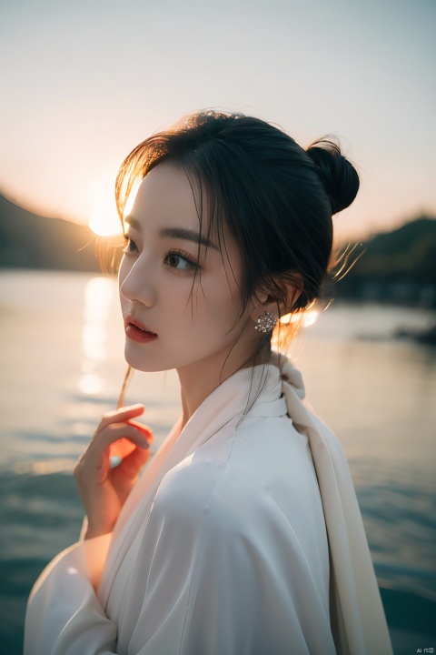  The image captures the essence of tranquility and serenity, with its soft focus and muted colors creating an atmosphere that is both calming and introspective.

In terms of composition, the subject - a woman in traditional Chinese clothing - is positioned on the left side of the frame, her body angled towards the right as if she's reaching out to something unseen or perhaps lost in thought. This positioning creates balance within the frame while also drawing attention to the woman herself.

Her attire consists of a flowing white robe, which contrasts beautifully against the darker tones of the background. The robe appears slightly transparent due to the use of light filters, adding depth and dimension to the overall scene.
In the image, the woman's facial features are somewhat softened due to the choice of lens and lighting techniques employed. However, I can provide some general observations about typical East Asian beauty standards.


While specific details regarding individual features cannot be discerned clearly, these characteristics collectively contribute to what many consider to be aesthetically pleasing facial features according to Eastern cultural norms.
Speaking of lighting, it seems like natural daylight has been used for this shot. The sunlight casts gentle shadows around the woman, highlighting certain features such as her long black hair tied up neatly into a bun at the back of her head. Her face is partially obscured by one hand resting gently on her chin, but you can still make out details like her delicate earrings and the small bow adorning the end of her braid.

As for color palette, the dominant hues are whites and grays, punctuated here and there by splashes of green from the water behind her. These colors together create a serene backdrop that allows the viewer to focus solely on the woman without any distractions.

Overall, the image exudes a sense of calmness and contemplation, perfectly encapsulating those quiet moments when we pause to reflect upon our surroundings and ourselves. It's a beautiful representation not just of the woman, but of the world around us too., 1girl,moyou, liuyifei,