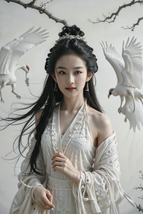  a girl,xianjing,Off-the-shoulder, white sling, bust photo,upper body,Hanfu, Cloud, Smoke,branch,flower, smile,Gaze at the audience, Ink scattering_Chinese style, hand101