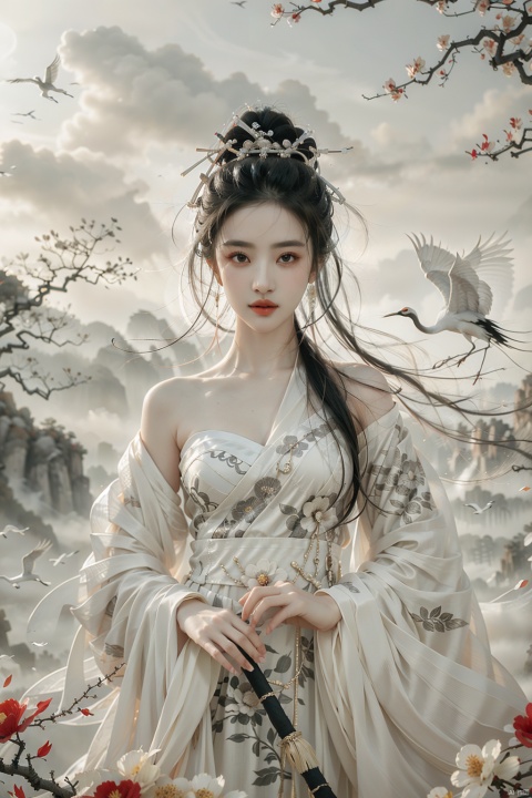  a girl,xianjing,Off-the-shoulder, white sling, bust photo,upper body,Hanfu, Cloud, Smoke,branch,flower, smile,Gaze at the audience, Ink scattering_Chinese style, hand101, tifa, liuyifei