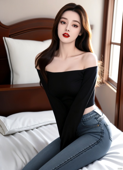  1girl, solo, pants, brown eyes, looking at viewer, red lips, brown hair, long hair, breasts, shirt, denim, sitting, jeans, off shoulder, collarbone, black shirt, indoors, parted lips, long sleeves, white pants, makeup, lipstick, medium breasts, sleeves past wrists, bed, shirt tucked in, on bed, bare shoulders