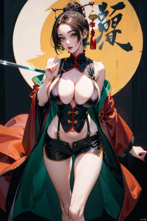  1Girl, Dynamic pose,dressed in ancient Chinese clothing,Short hair, shorts, long legs, large breasts, sexy, perfect figure, green pupils, big sister, black silk suspender, giant sword, sufei