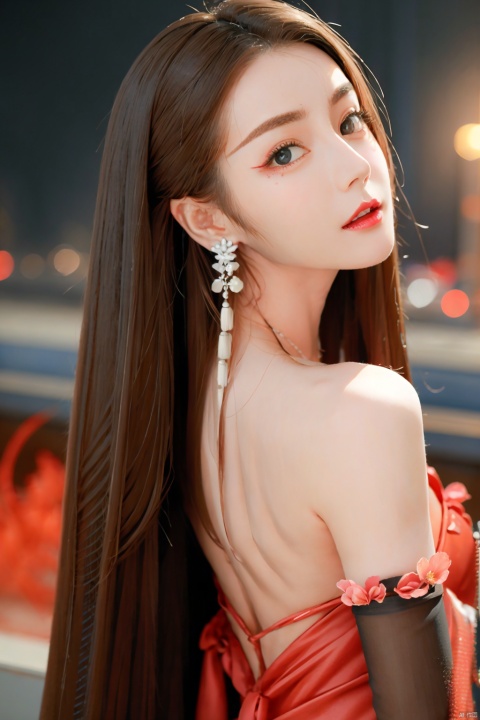  RAW photo,HDR,1girl,chinese young girl,solo,red smoke,blue smoke.big wind,jewelry,earrings,long hair,flowers,dress,looking at viewer,lips,upper body,red dress,black hair,bare shoulders,makeup,floating hairs,nail polish,ray tracing,best quality,masterpiece,(magazine cover:0.5),cinematic_lighting, yae miko