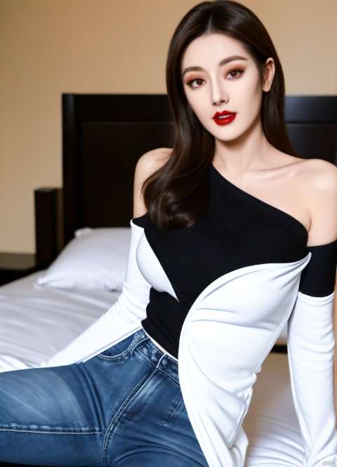  1girl, solo, pants, brown eyes, looking at viewer, red lips, brown hair, long hair, breasts, shirt, denim, sitting, jeans, off shoulder, collarbone, black shirt, indoors, parted lips, long sleeves, white pants, makeup, lipstick, medium breasts, sleeves past wrists, bed, shirt tucked in, on bed, bare shoulders, hand101, Tsunade