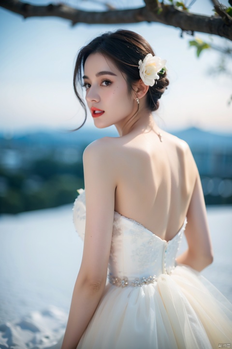  1girl, solo, long hair, looking at viewer, brown hair, black hair, hair ornament, dress, bare shoulders, upper body, flower, outdoors, parted lips, looking back, hair flower, white dress, mole, blurry, see-through, blurry background, snow, branch,wedding dress