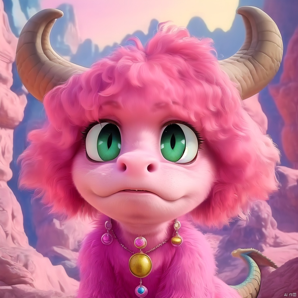  Dragon head, furry, cute, big eyes, surprised, depth of field, Disney style, animation, pink fantasy