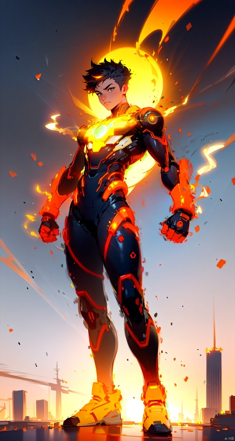  asuo,bodysuit,full body,(city),wind,fire,electricity,black hair,glowing,black bodysuit,clenched hands,spiked hair,standing,Short hair, In their 20s,handsome,Cheerful,extroversion,looking at viewer,energy,glowing,magic,tarrysky,Anime characters,technological marvels,futuristic style, ray tracing, hyper-realistic pop, celestialpunk, grid-like structures, full_body