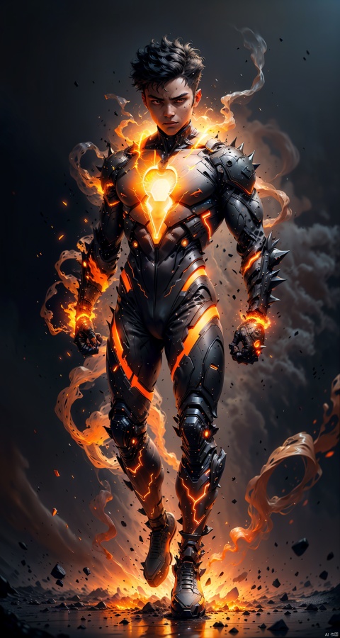  asuo,1boy,male focus,solo,bodysuit,full body,looking at viewer,wind,fire,electricity,black hair,glowing,black bodysuit,clenched hands,spiked hair,standing,simple background,short hair,gloves,