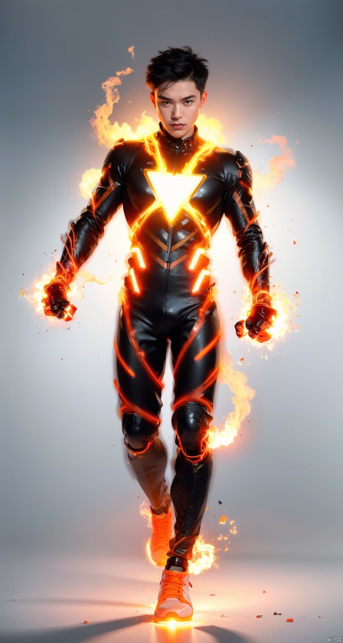  asuo,1boy,male focus,solo,bodysuit,full body,looking at viewer,white background,wind,fire,electricity,black hair,glowing,black bodysuit,clenched hands,spiked hair,standing,simple background,short hair,gloves