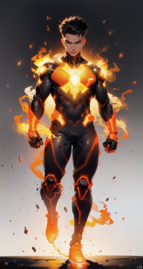  asuo,1boy,male focus,solo,bodysuit,full body,looking at viewer,white background,wind,fire,electricity,black hair,glowing,black bodysuit,clenched hands,spiked hair,standing,simple background,short hair,gloves