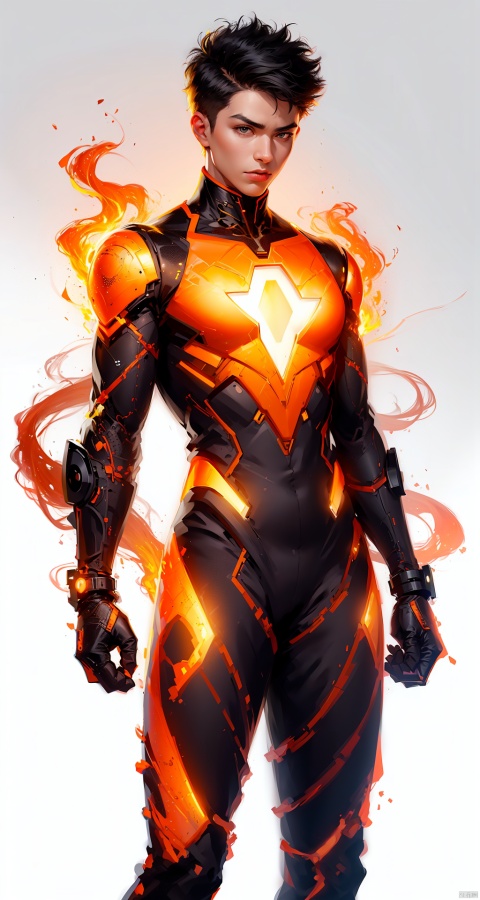  asuo,1boy,male focus,solo,bodysuit,full body,looking at viewer,white background,wind,fire,electricity,black hair,glowing,black bodysuit,clenched hands,spiked hair,standing,simple background,short hair,gloves, cyborg