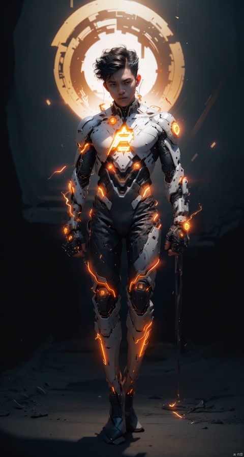  asuo,1boy,male focus,solo,bodysuit,full body,looking at viewer,white background,wind,fire,electricity,black hair,glowing,black bodysuit,clenched hands,spiked hair,standing,simple background,short hair,gloves, cyborg