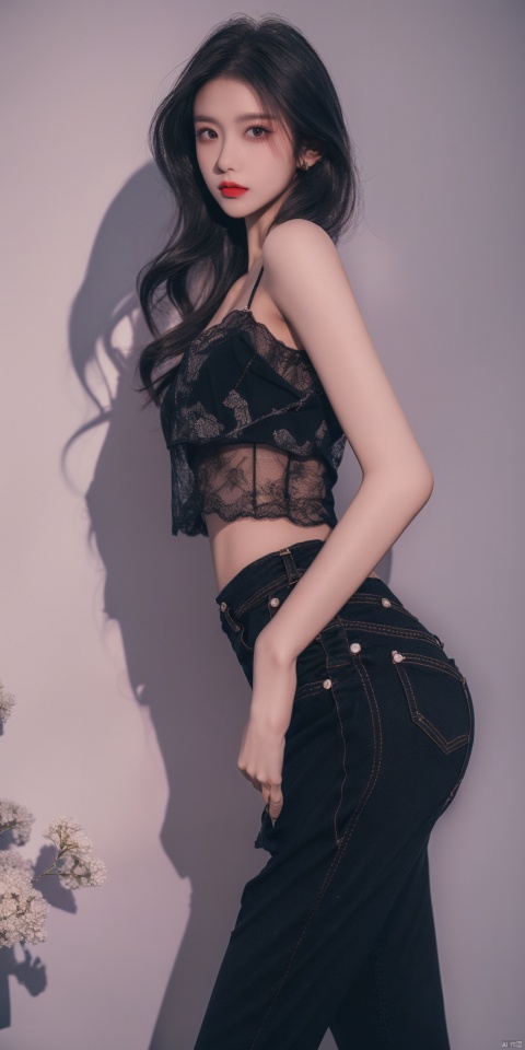  1girl,solo,moyou,like Mao Xiaotong,(8k, best quality, masterpiece:1.2), (realistic, photo-realistic:1.37),(perfect hand:1.4), wearing tight  pants, transparent  shawl ,best quality,looking at viewer,Black lace mesh top,(moon background) ,solid background,flowers, yunqing