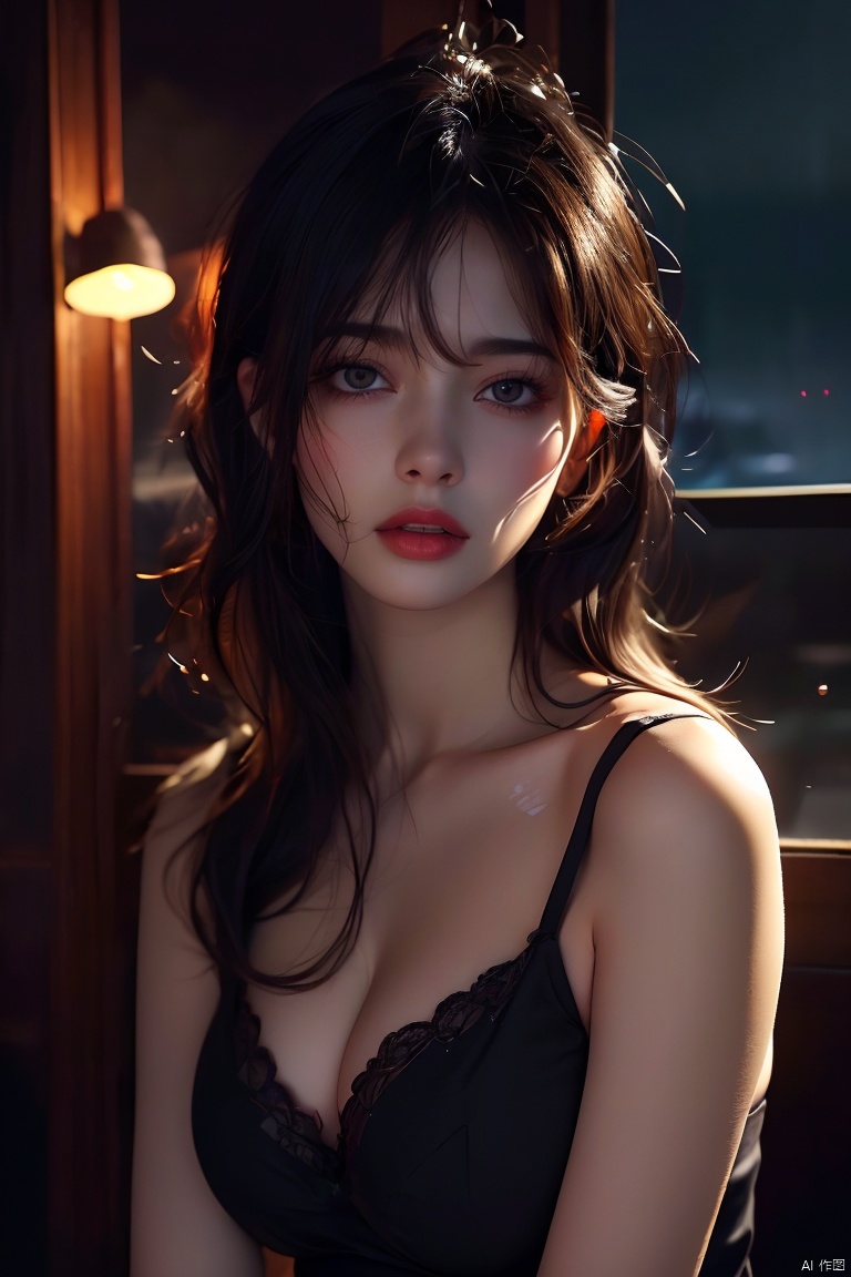  (original photo, best quality)(realistic, realistic: 1.2) , 1 girl, middle breast, cleavage, underwear, upper body, high quality, (high-detail skin: 1.4) , puffy eyes, gorgeous hair, (darkroom: 1.3) , (edge lighting: 1.3) , (Night: 1.3) , (Night: 1.3) , interior, portrait, black hair, dark background, long hair