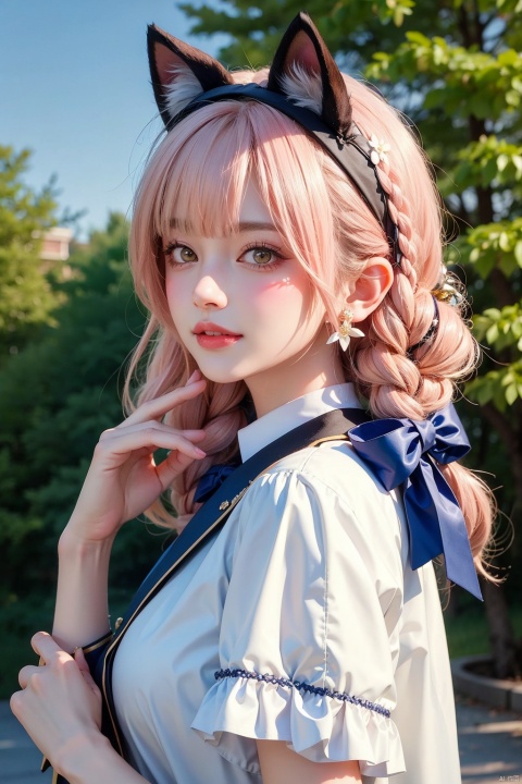  1girl, solo, long hair, looking at viewer, blush, smile, bangs, hair ornament, bow, animal ears, jewelry, yellow eyes, upper body, pink hair, braid, flower, hair bow, hairband, earrings, outdoors, parted lips, alternate costume, cat ears, from side, looking to the side, book, single braid, blue bow, plant, white flower, hair over shoulder, floppy ears, goldenglow \(arknights\)