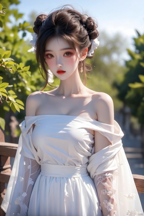  8k,RAW photo,best quality,masterpiece,realistic,
1girl,black hair,single hair bun,(Off the shoulder),dress,looking at viewer,cowboy shot,
gufeng,