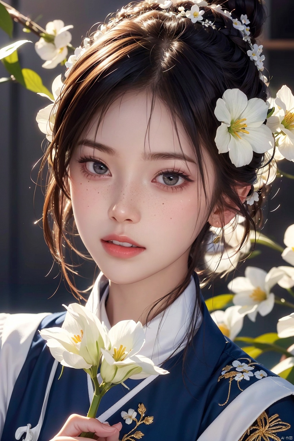  1girl, solo, looking at viewer, short hair, black hair, brown eyes, upper body, flower, parted lips, teeth, hair flower, blurry, lips, white flower, portrait, freckles, realistic, holding flower, ((poakl)),moyou, 1 girl, jiqing, maolilan, (\yan yu\)