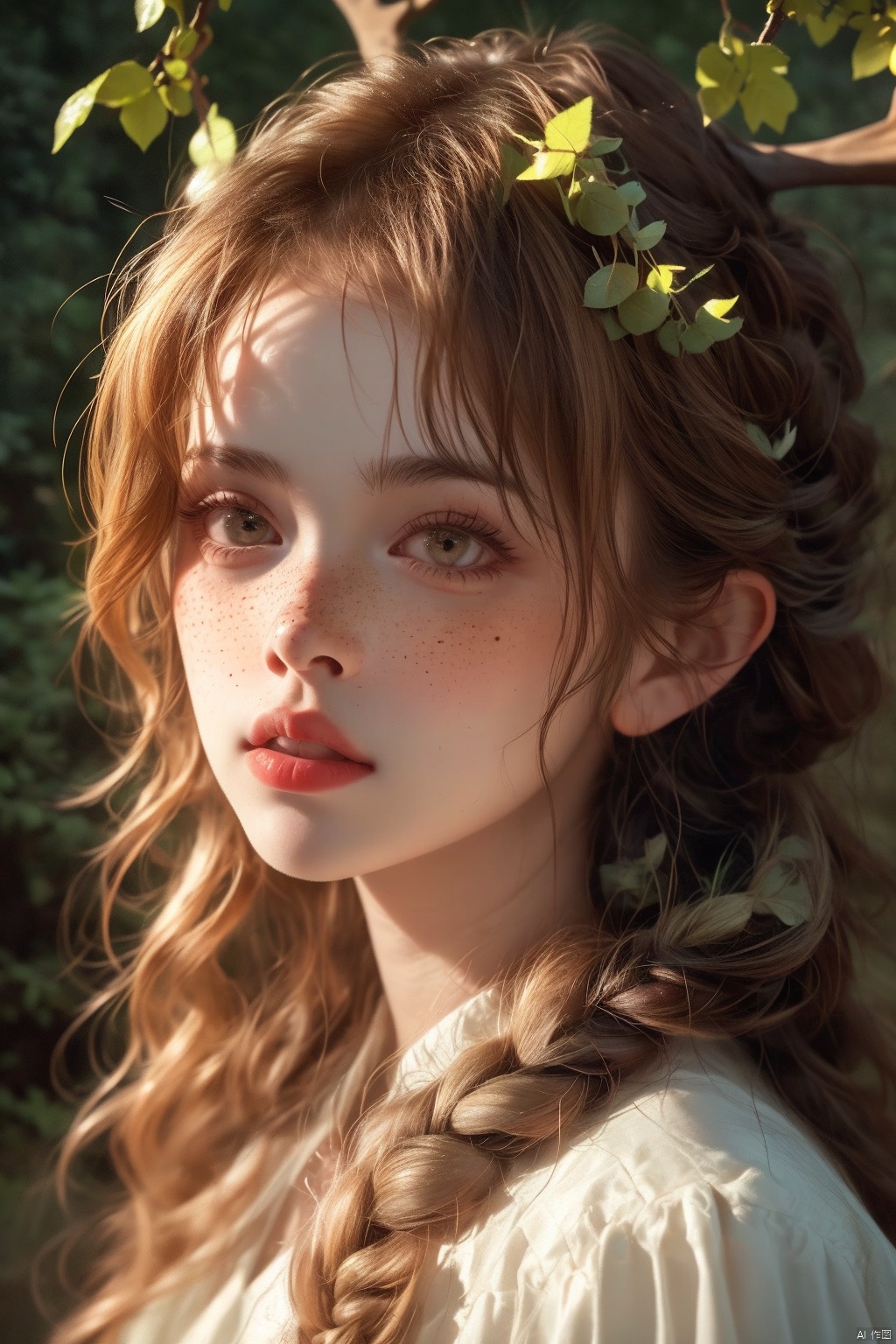  Vintage portrait, photography style, soft focus, pure face,Deer, girl, antlers, vine with leaves, Blonde hair, European and American advanced face, freckles, Detailed light and shadow, Wind, (Strong Sunshine),Two plaits, The forest,Front light source,
, 1girl, 1 girl