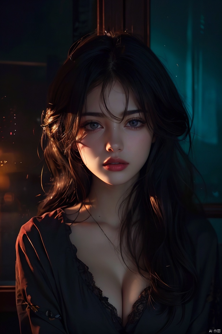  (original photo, best quality)(realistic, realistic: 1.2) , 1 girl, middle breast, cleavage, underwear, upper body, high quality, (high-detail skin: 1.4) , puffy eyes, gorgeous hair, (darkroom: 1.3) , (edge lighting: 1.3) , (Night: 1.3) , (Night: 1.3) , interior, portrait, black hair, dark background, long hair