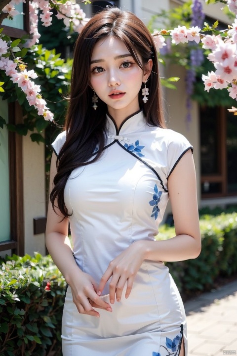 1girl, blurry, blurry_background, blurry_foreground, depth_of_field, motion_blur, hand_fan, bokeh, photo_\(medium\), solo, dress, chinese_clothes, black_hair, earrings, lips, 3d, photo_background, holding, focused, jewelry, wisteria, holding_fan, looking_at_viewer, photorealistic, china_dress,extremely detailed CG unity 8k wallpaper,masterpiece, best quality, ultra-detailed, beautiful detailed eyes:1.2,best illumination, (best shadow, an extremely delicate and beautiful, bloom),best quality, masterpiece, highres, original, extremely detailed wallpaper, perfect lighting,(extremely detailed CG:1.2), drawing, paintbrush,, , 1 girl
