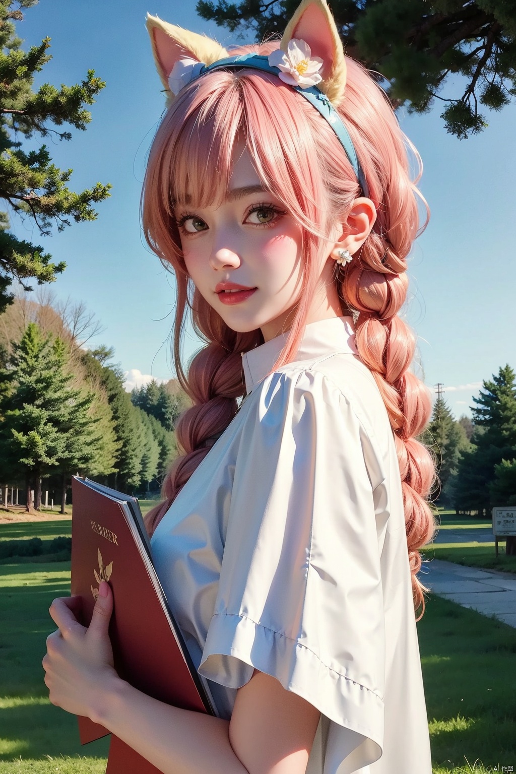  1girl, solo, long hair, looking at viewer, blush, smile, bangs, hair ornament, bow, animal ears, jewelry, yellow eyes, upper body, pink hair, braid, flower, hair bow, hairband, earrings, outdoors, parted lips, alternate costume, cat ears, from side, looking to the side, book, single braid, blue bow, plant, white flower, hair over shoulder, floppy ears, goldenglow \(arknights\)