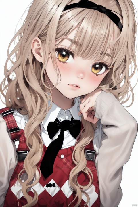 1girl,solo,long hair,looking at viewer,blush,bangs,blonde hair,simple background,shirt,long sleeves,white background,bow.school uniform,yellow eyes,white shirt,upper body,hair bow,hairband,necktie,collared shirt,sweater,sleeves past wrists,wavy hair,black necktie,Red plaid uniform, babata