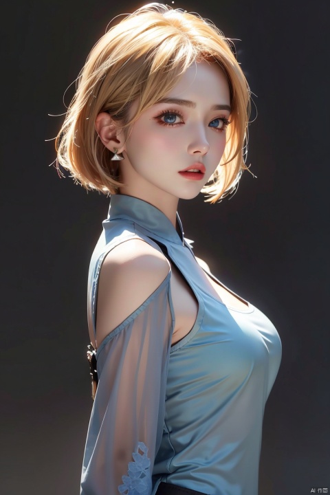  1girl,blonde hair,solo,blue eyes,jewelry,earrings,android 18,short hair,realistic,looking at viewer,upper body,breasts,lips,medium breasts,from side,shirt,grey background,bare shoulders,nose,sleeveless,black shirt,simple background,eyelashes,closed mouth,artist name,makeup,looking to the side,red lips,expressionless,off shoulder,looking back,bangs,sleeveless shirt,from behind,bob cut,jacket,forehead,parted lips,official art,extremely detailed CG unity 8k wallpaper,perfect lighting,Colorful,Bright_Front_face_Lighting,(masterpiece:1),(best_quality:1),ultra high res,8K,ultra-detailed, ((poakl)), (\shen ming shao nv\), (\yan yu\), (\ji jian\), 1 girl