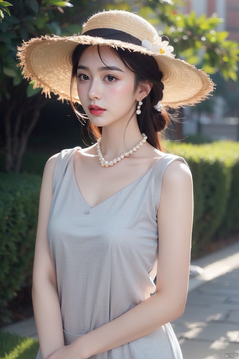 A woman wearing a straw hat, Wearing a simple pearl necklace and pearl earrings, light gray and light beige, detailed, gentle and focused romanticism, overhead shot, dim flowers in the foreground, depth of field, Canon R6, bright soft ambient outdoor light, liuyifei