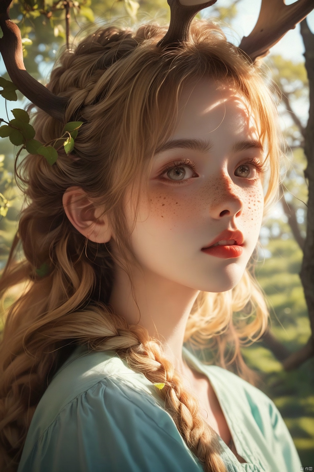 Vintage portrait, photography style, soft focus, pure face,Deer, girl, antlers, vine with leaves, Blonde hair, European and American advanced face, freckles, Detailed light and shadow, Wind, (Strong Sunshine),Two plaits, The forest,Front light source,
, 1girl, 1 girl