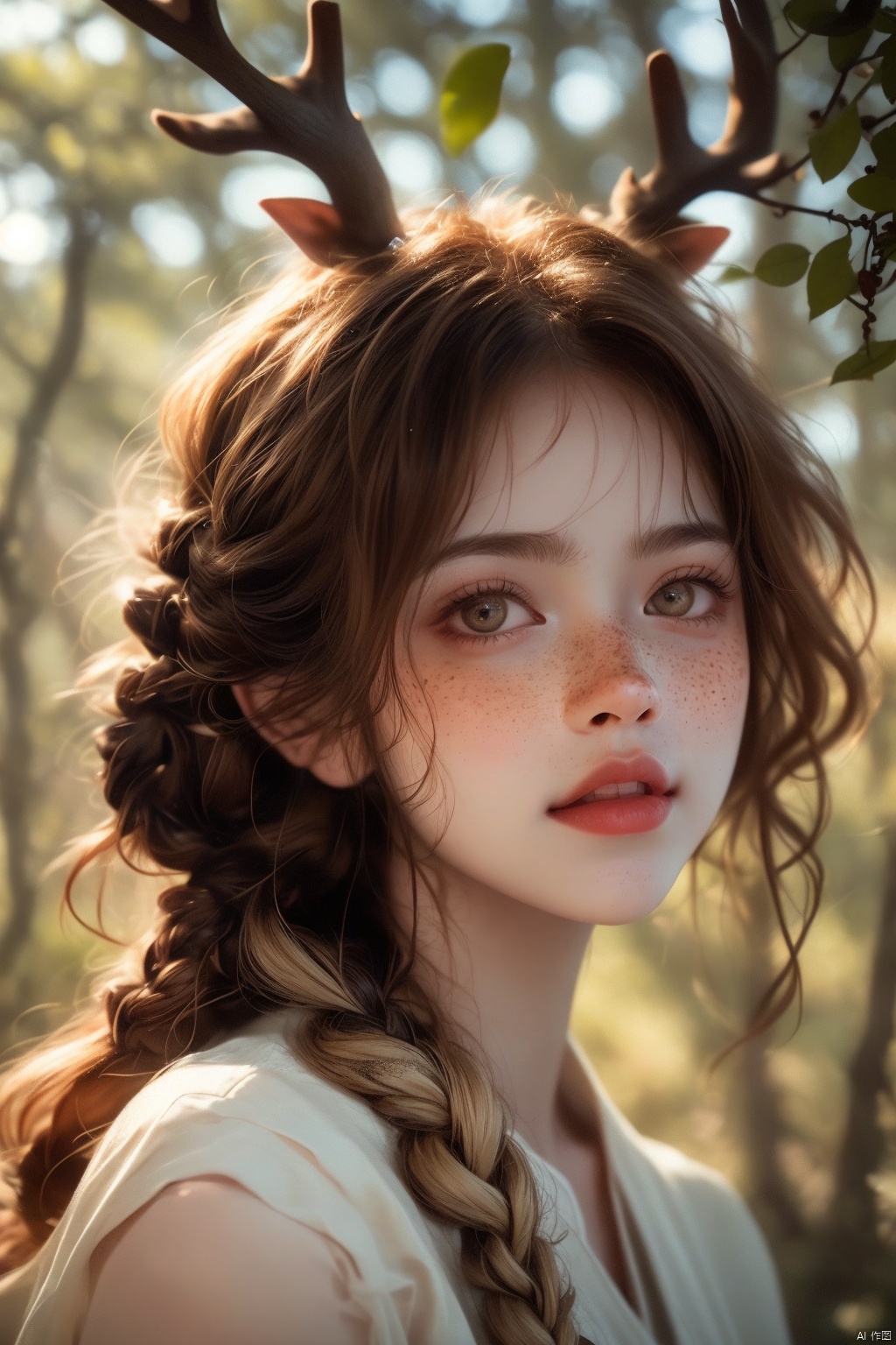  Vintage portrait, photography style, soft focus, pure face,Deer, girl, antlers, vine with leaves, Blonde hair, European and American advanced face, freckles, Detailed light and shadow, Wind, (Strong Sunshine),Two plaits, The forest,Front light source,
, 1girl, 1 girl