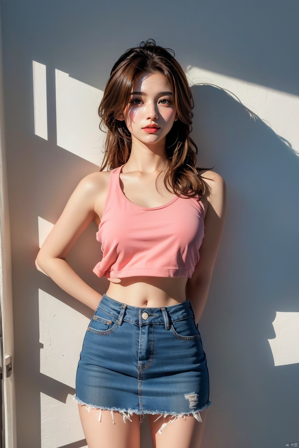  1girl, solo, breasts, looking at viewer, smile, brown hair, black hair, navel, bare shoulders, brown eyes, jewelry, closed mouth, standing, collarbone, cowboy shot, midriff, pants, lips, shadow, **** top, denim, jeans, realistic, arms at sides, 1girl,short skirt, （\personality\）, 1 girl,moyou