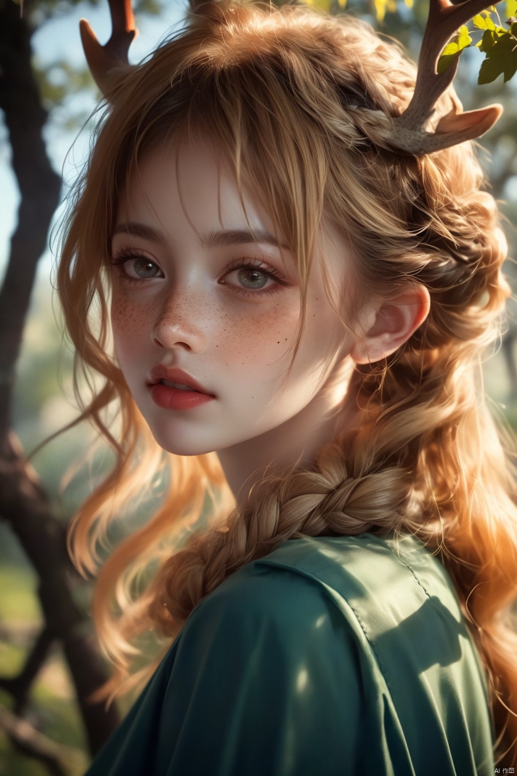  Vintage portrait, photography style, soft focus, pure face,Deer, girl, antlers, vine with leaves, Blonde hair, European and American advanced face, freckles, Detailed light and shadow, Wind, (Strong Sunshine),Two plaits, The forest,Front light source,
, 1girl, 1 girl