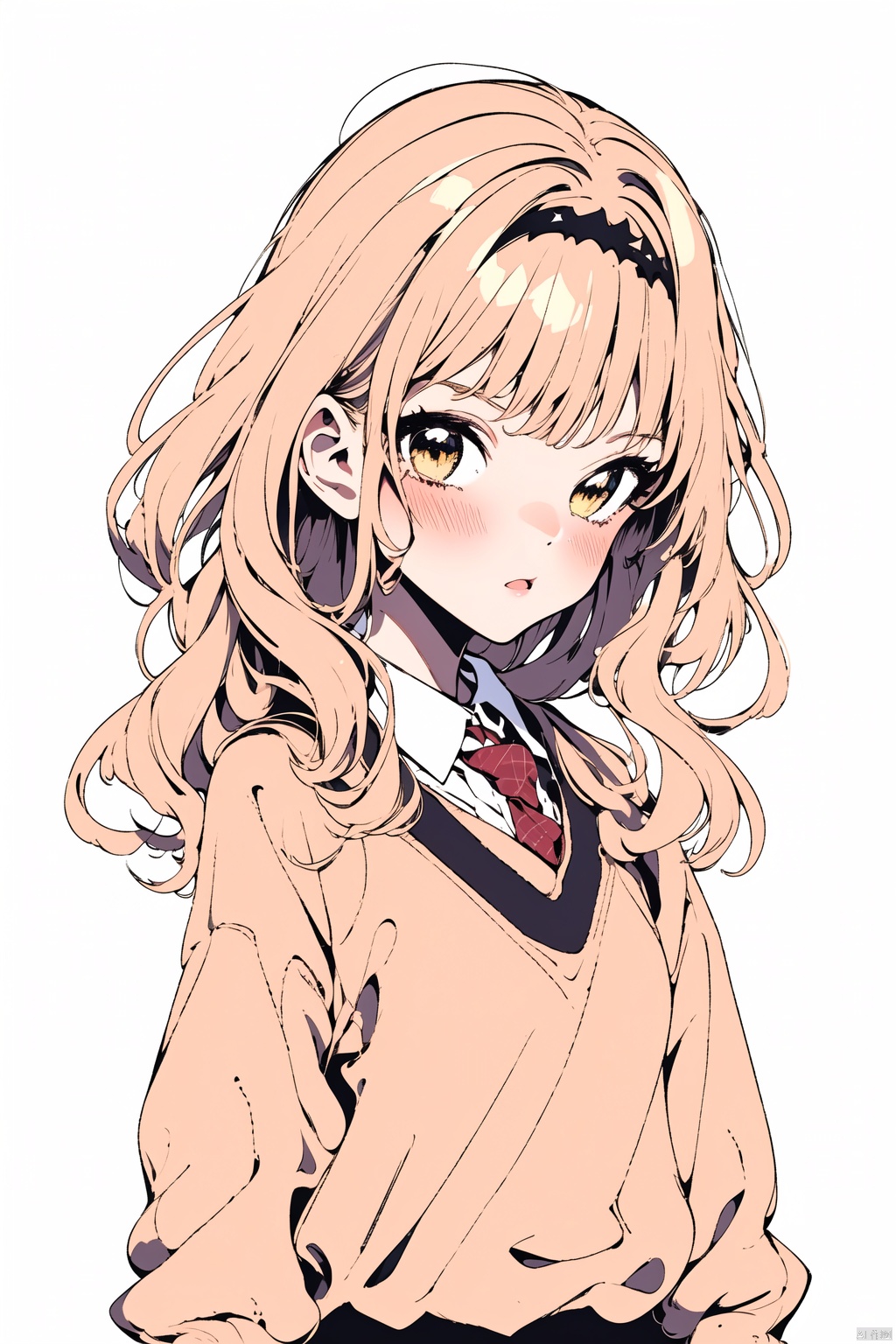  1girl,solo,long hair,looking at viewer,blush,bangs,blonde hair,simple background,shirt,long sleeves,white background,bow.school uniform,yellow eyes,white shirt,upper body,hair bow,hairband,necktie,collared shirt,sweater,sleeves past wrists,wavy hair,black necktie,Red plaid uniform, mDragonNewYear, babata, Gauze Skirt, maolilan
